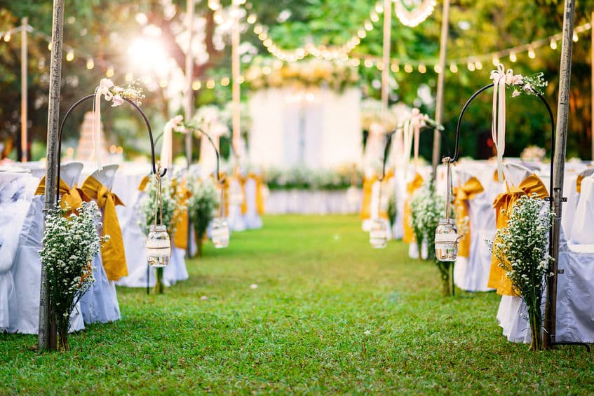 65963792 beautiful wedding ceremony in garden at sunset
